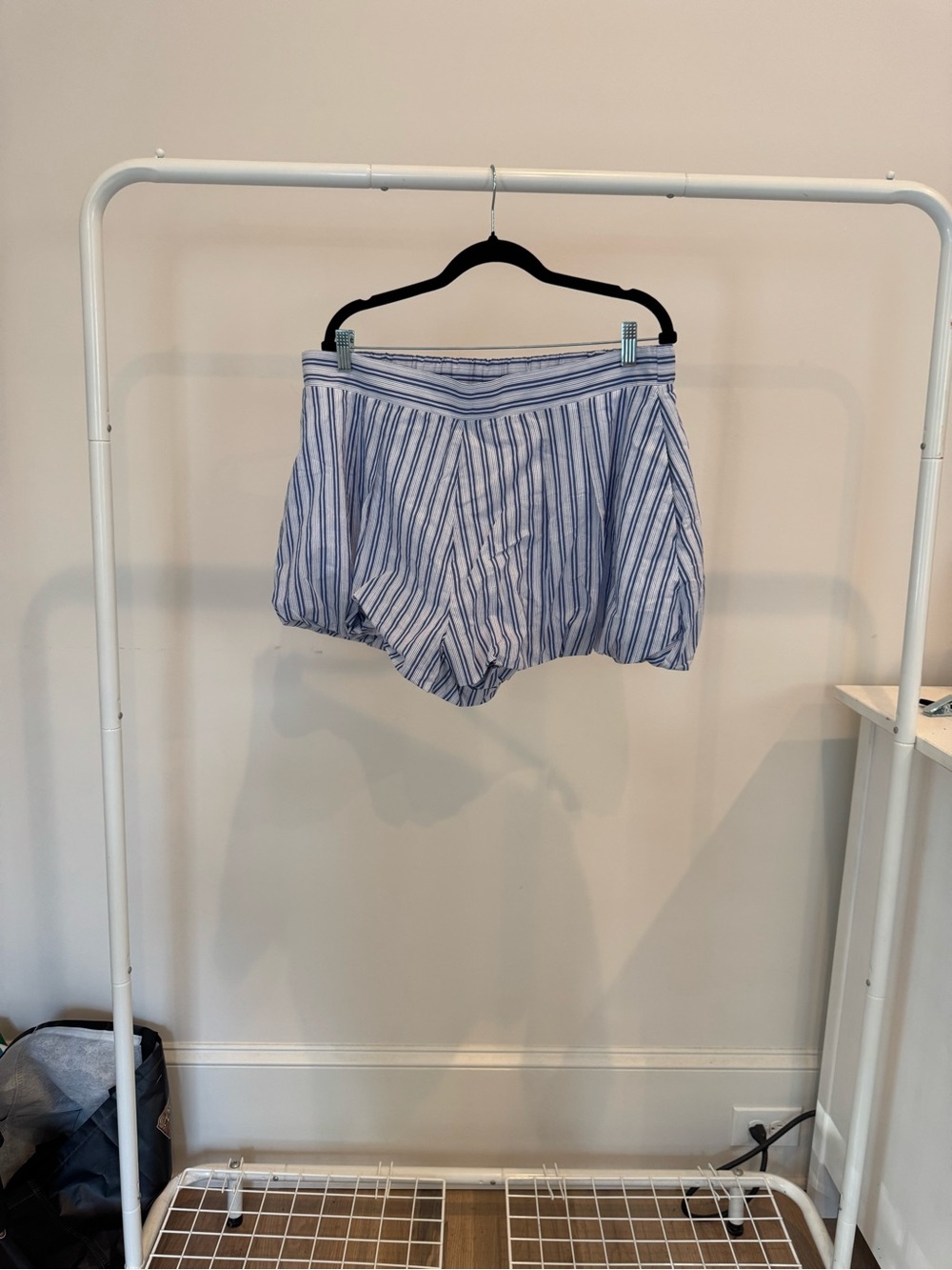 Maeve Blue and White Striped High-Waist Bubble Shorts
